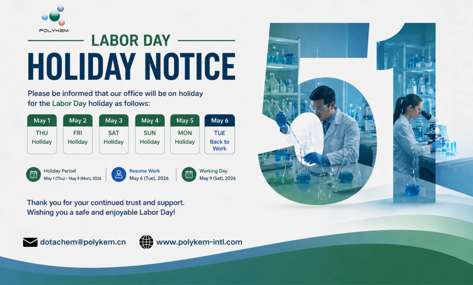 ترتيب عطلة عيد العمال من Polykem وتذكير بتخطيط الطلبات